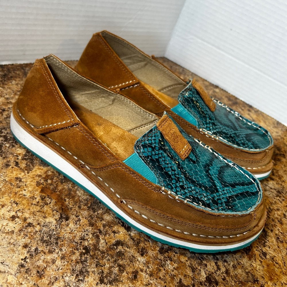 Ariat Brown Suede Loafers with Teal Snake-Print Accent